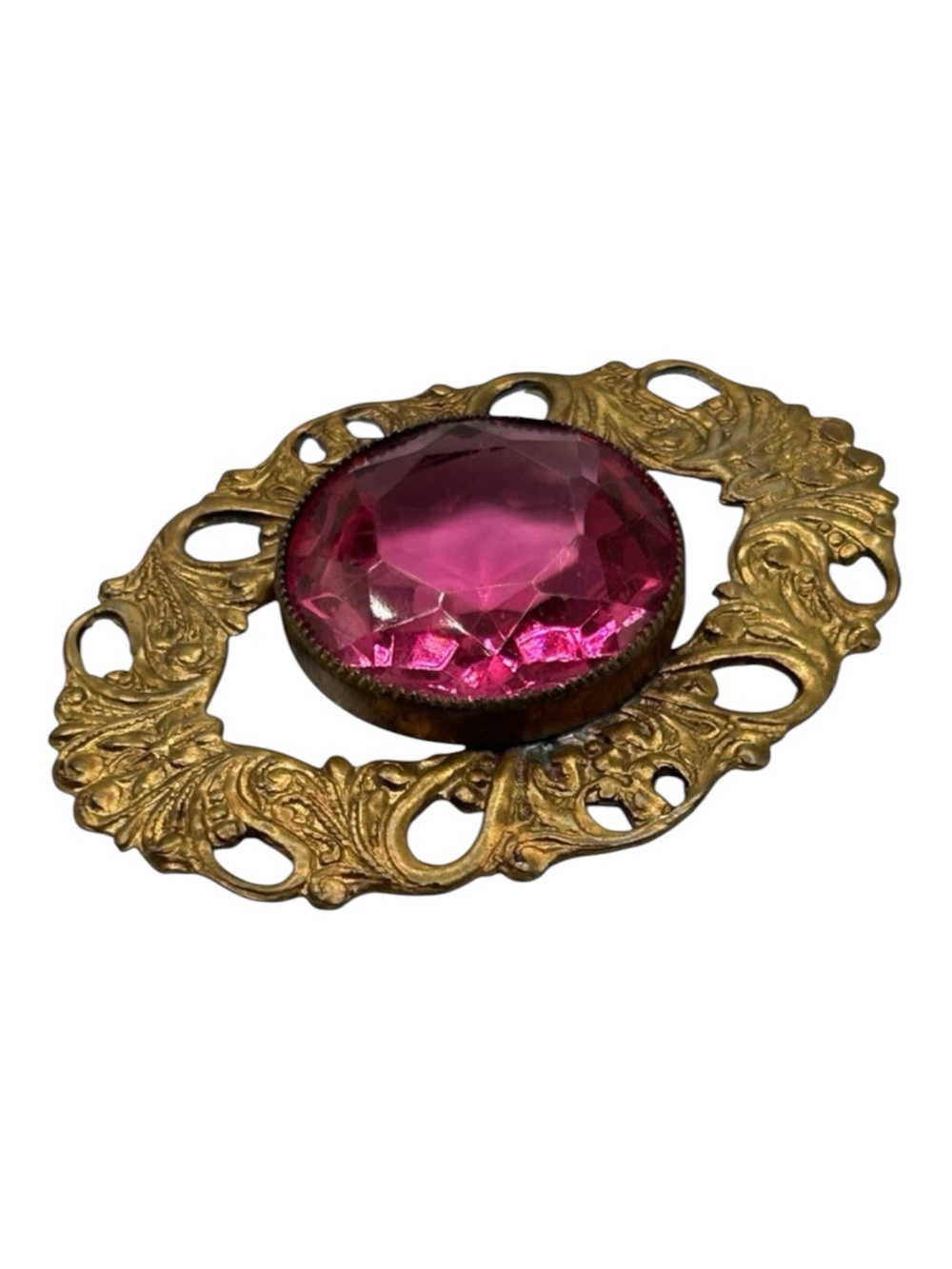 Vintage Smoky Pink Star Cut Glass Gilt Foliate Brooch